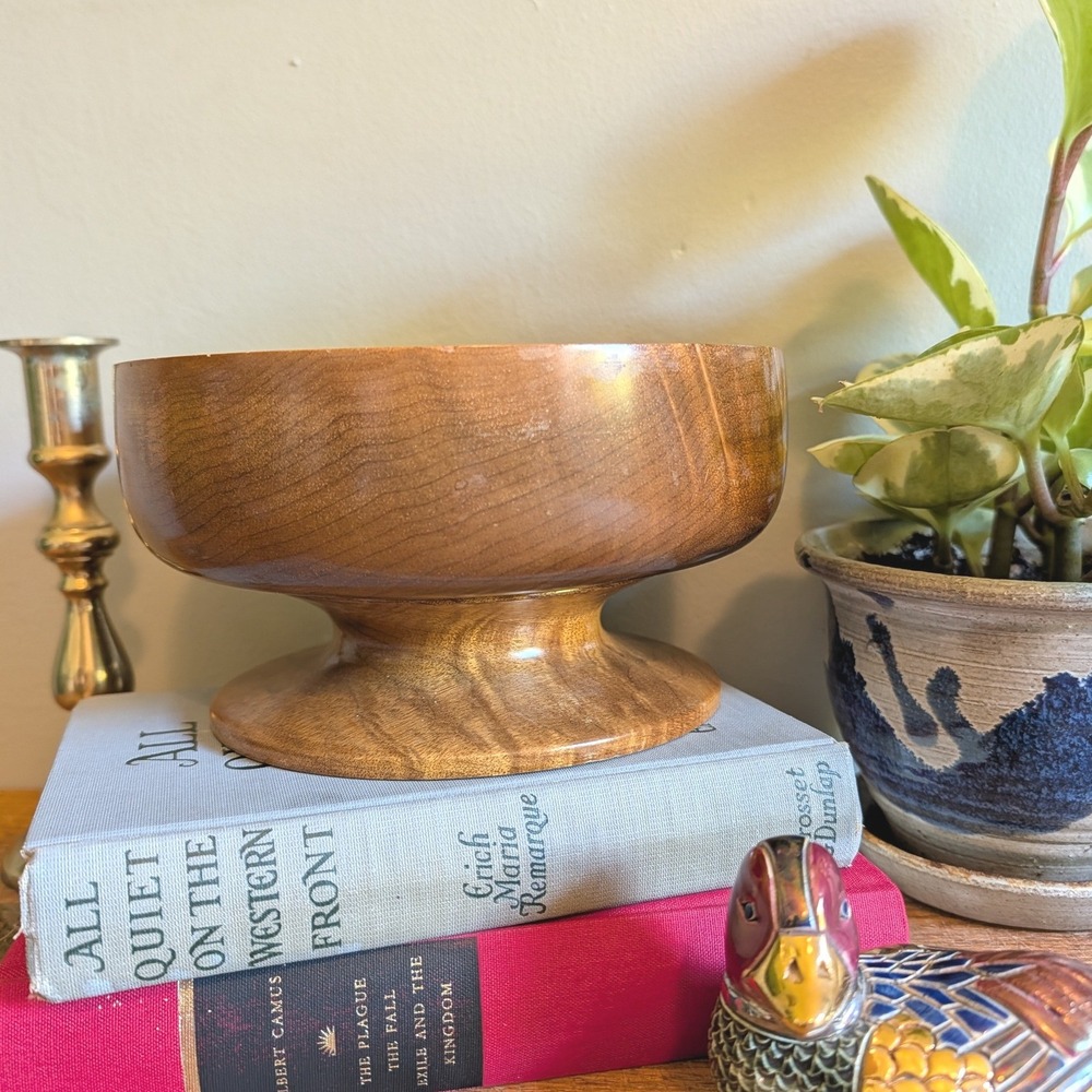 Vintage Mid Century Modern Hand Turned Wood Pedestal Bowl Centerpiece 7.5 Inch